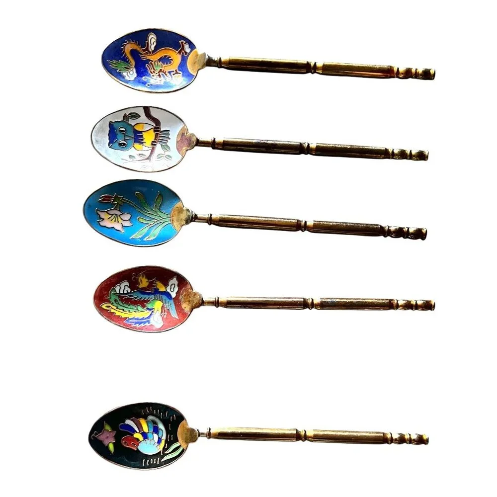Vintage 1960s Cloisonné Enamel Decorative Spoons Set Of 5 Animal & Floral Design
